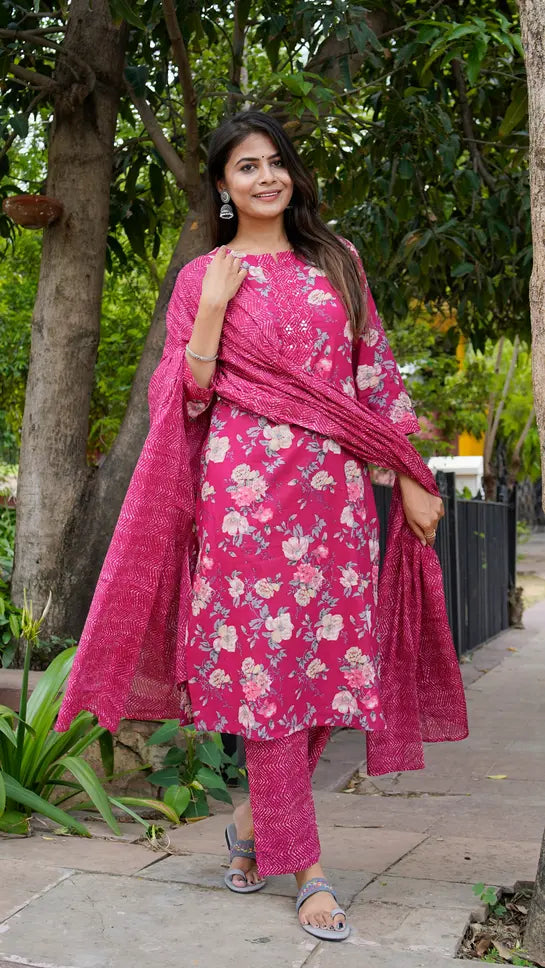 Rose pink floral kurti, pant and duppata set