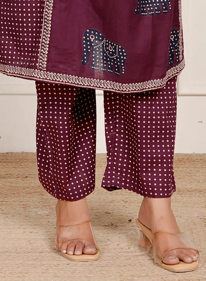 Maroon Pure Cotton Kurti Bottom and Dupatta Set
