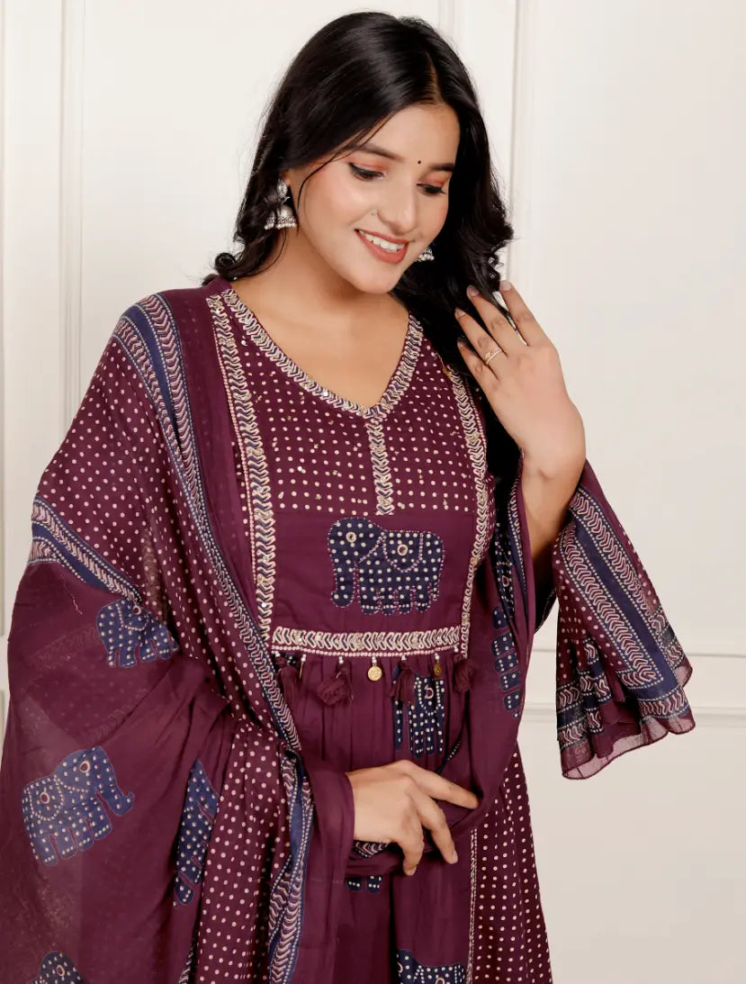 Maroon Pure Cotton Kurti Bottom and Dupatta Set