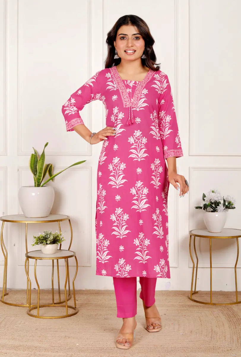Pink Pure Cotton Kurti Bottom and Dupatta Set