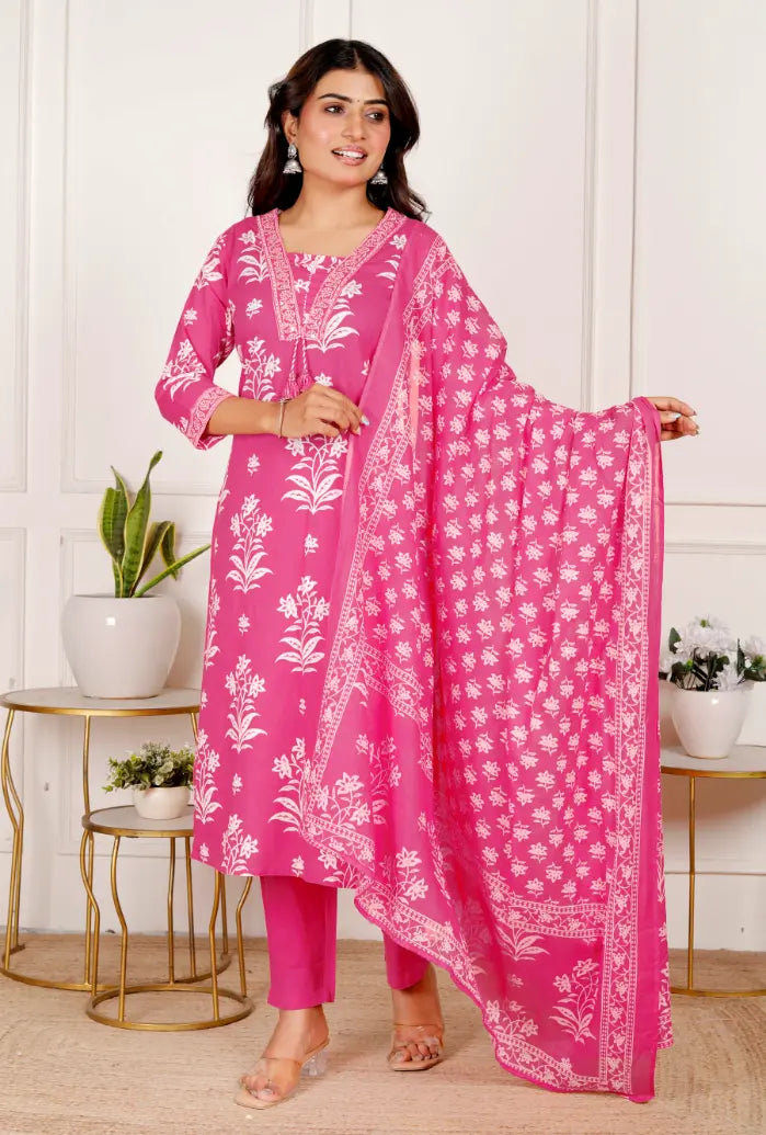 Pink Pure Cotton Kurti Bottom and Dupatta Set