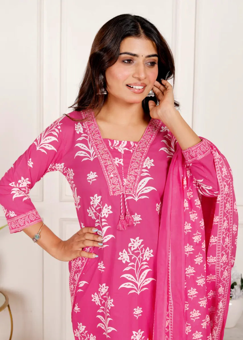 Pink Pure Cotton Kurti Bottom and Dupatta Set