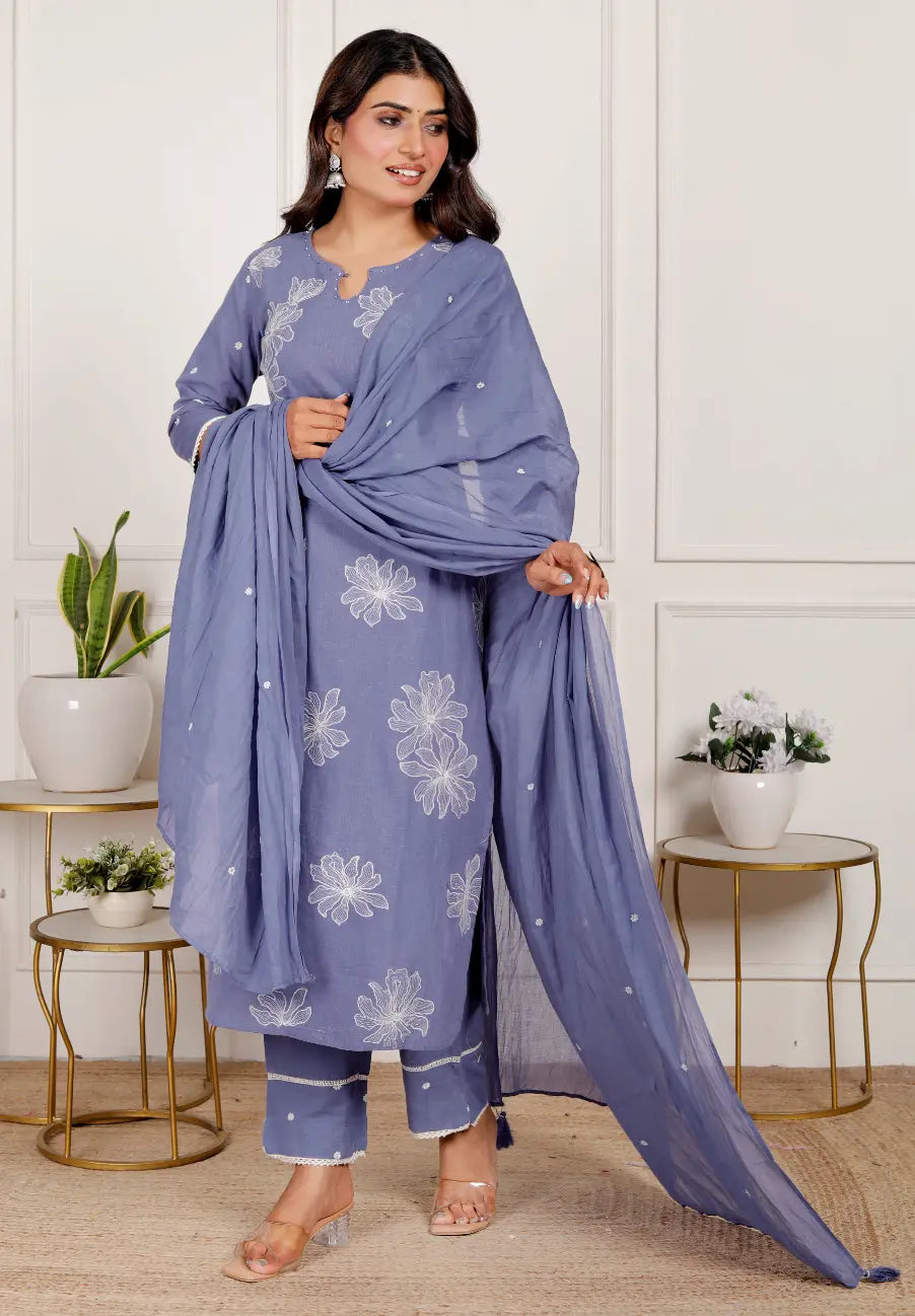 Dark Lavendar Cotton Kurti Bottom and Dupatta Set