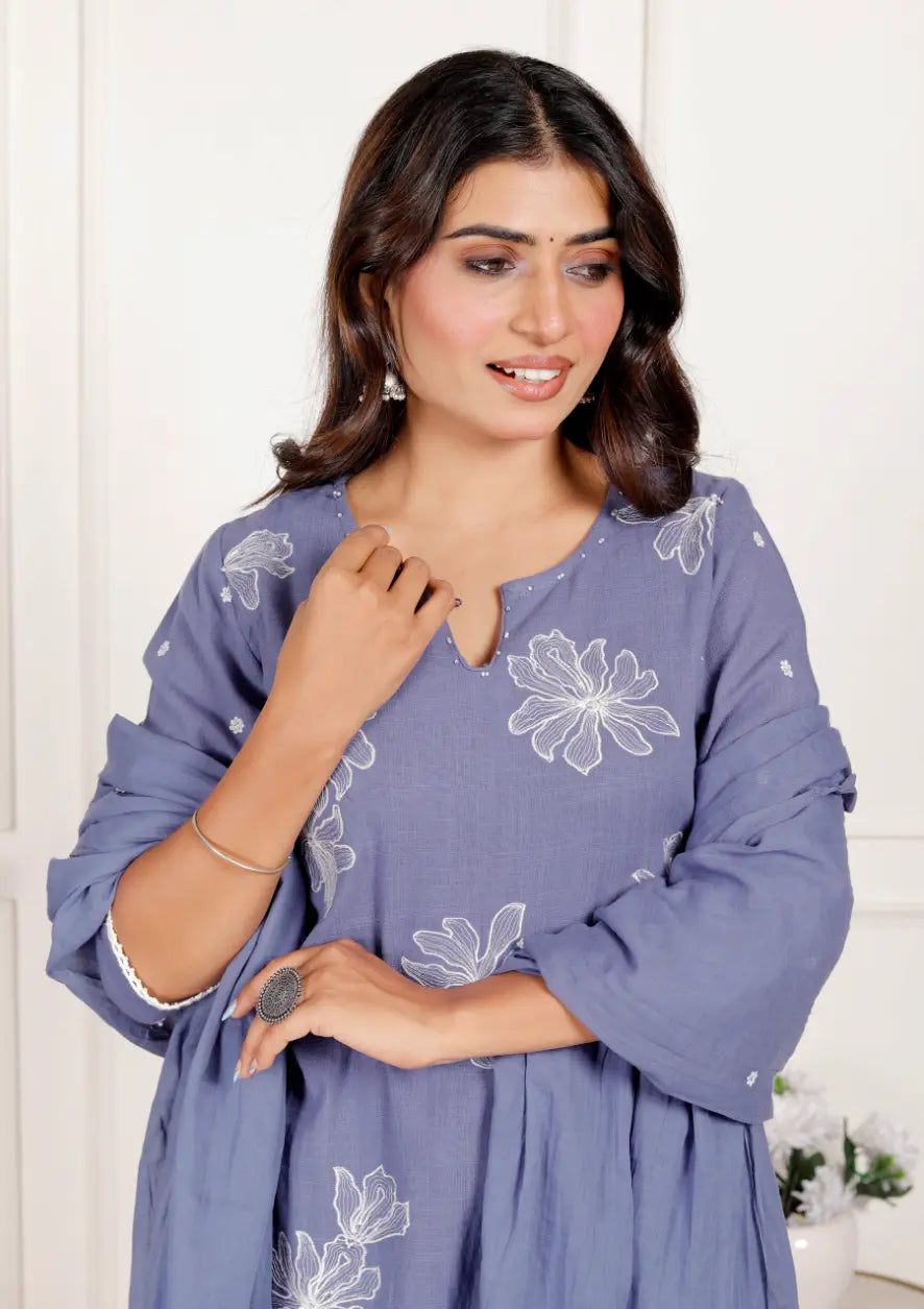 Dark Lavendar Cotton Kurti Bottom and Dupatta Set