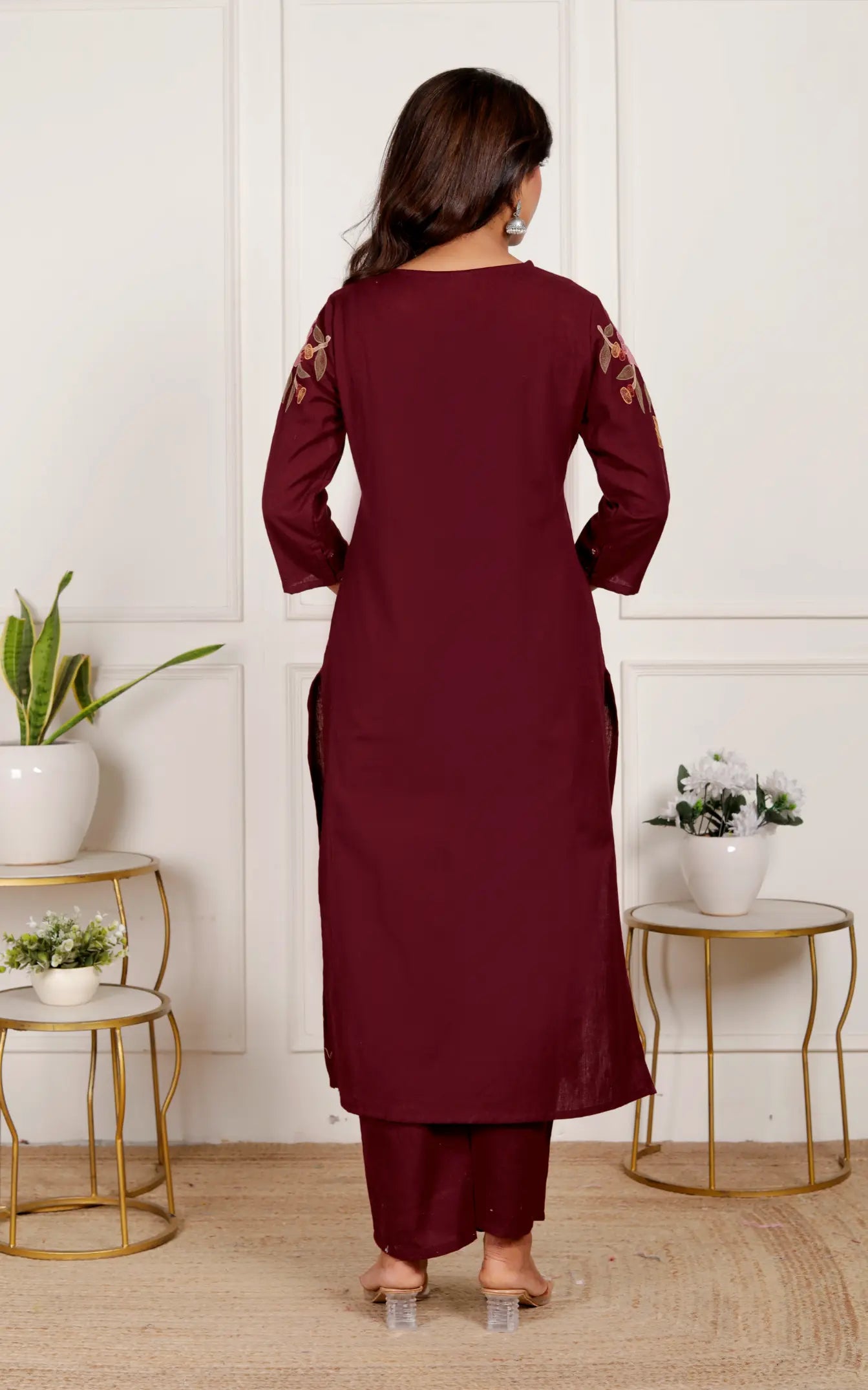 Maroon Cotton Kurti Bottom and Dupatta Set