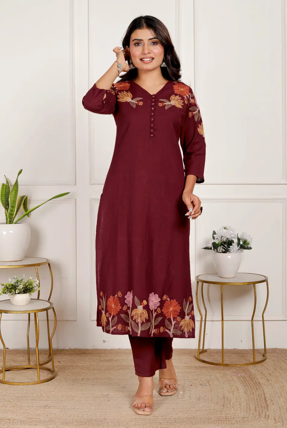 Maroon Cotton Kurti Bottom and Dupatta Set