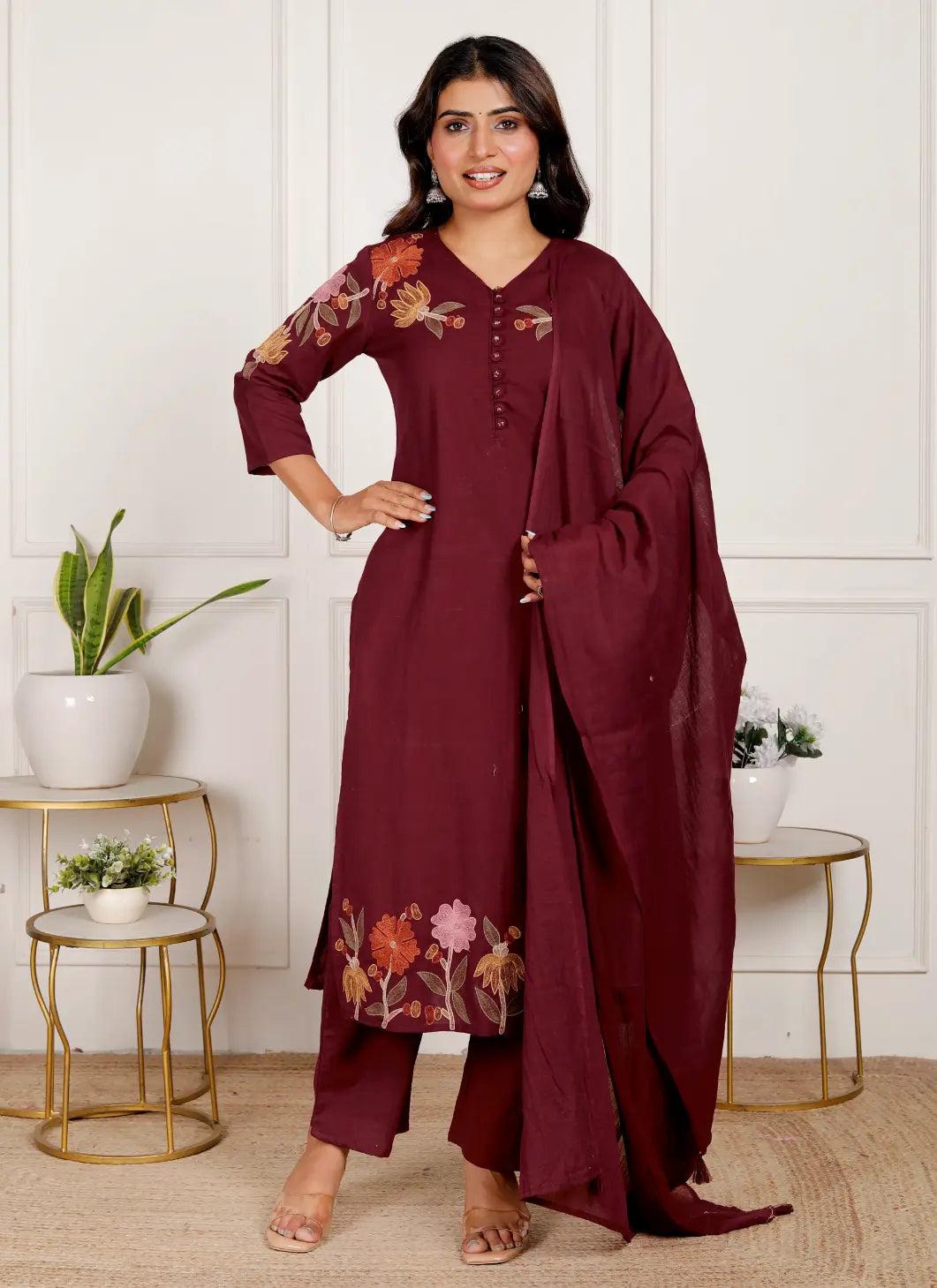 Maroon Cotton Kurti Bottom and Dupatta Set