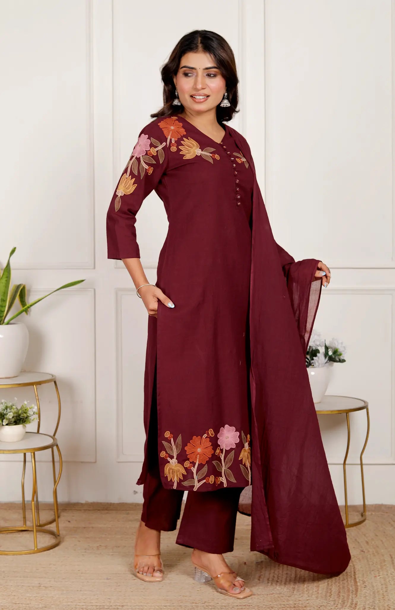 Maroon Cotton Kurti Bottom and Dupatta Set