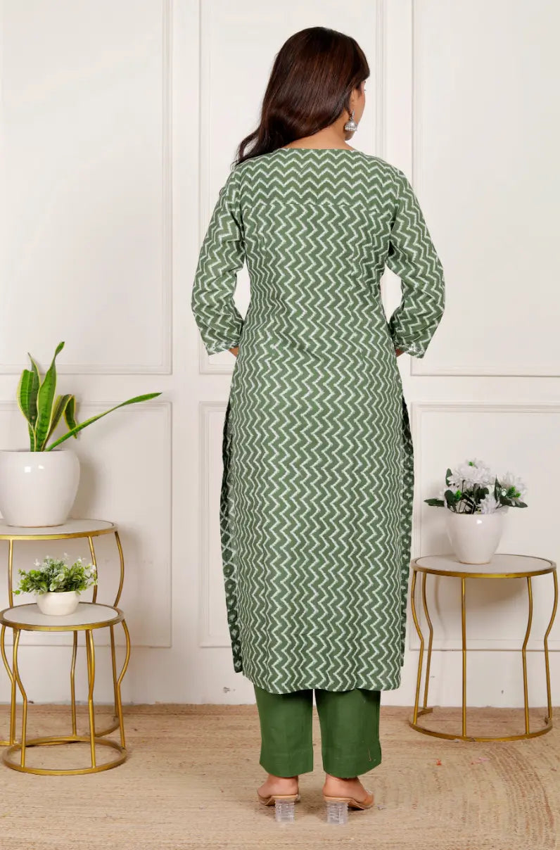 Green Pure Cotton Kurti Bottom and Dupatta Set