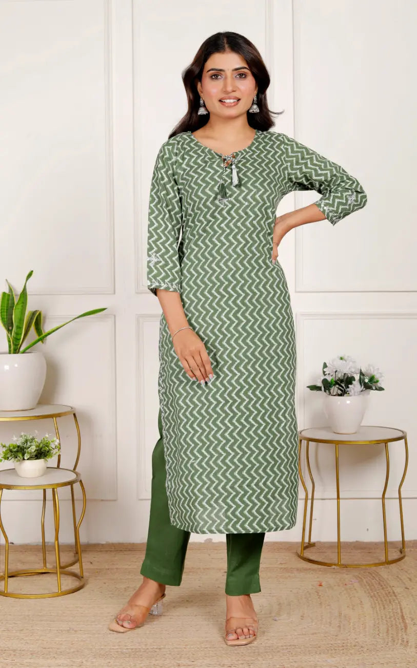 Green Pure Cotton Kurti Bottom and Dupatta Set