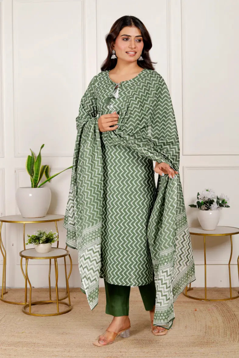 Green Pure Cotton Kurti Bottom and Dupatta Set