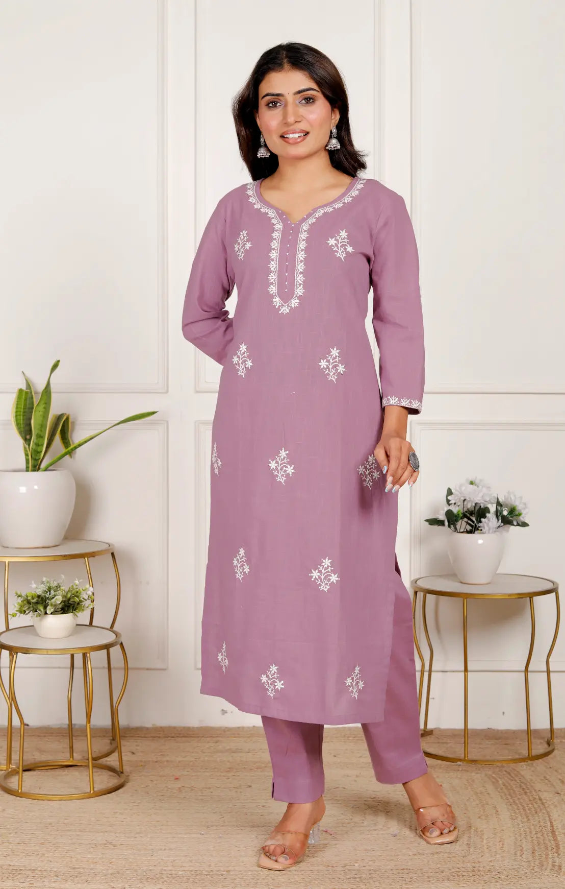 Lavendar Pure Cotton Kurti Bottom and Dupatta Set