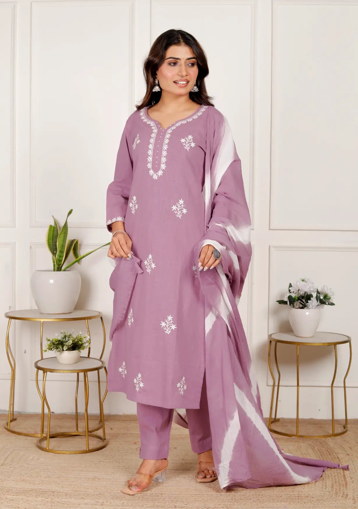 Lavendar Pure Cotton Kurti Bottom and Dupatta Set