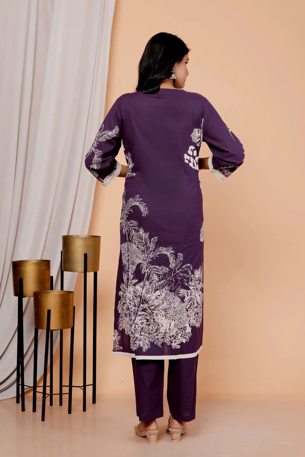 Dark Purple Pure Cotton Kurti Bottom and Dupatta Set