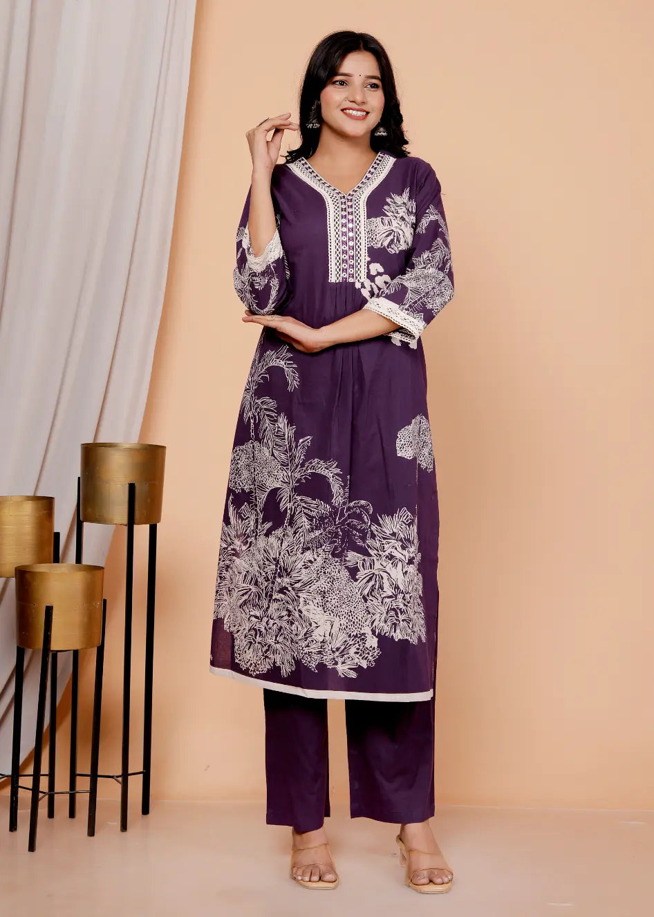 Dark Purple Pure Cotton Kurti Bottom and Dupatta Set