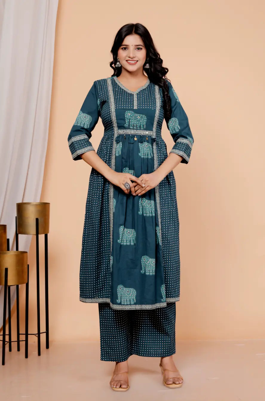 Blue Pure Cotton Kurti Bottom and Dupatta Set