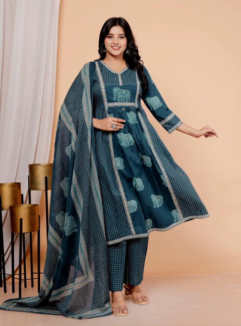 Blue Pure Cotton Kurti Bottom and Dupatta Set