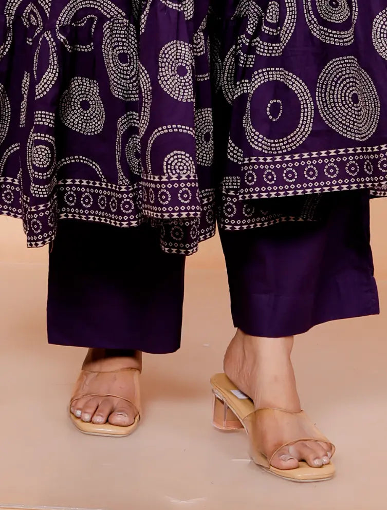 Dark Purple Pure Cotton Kurti Bottom and Dupatta Set