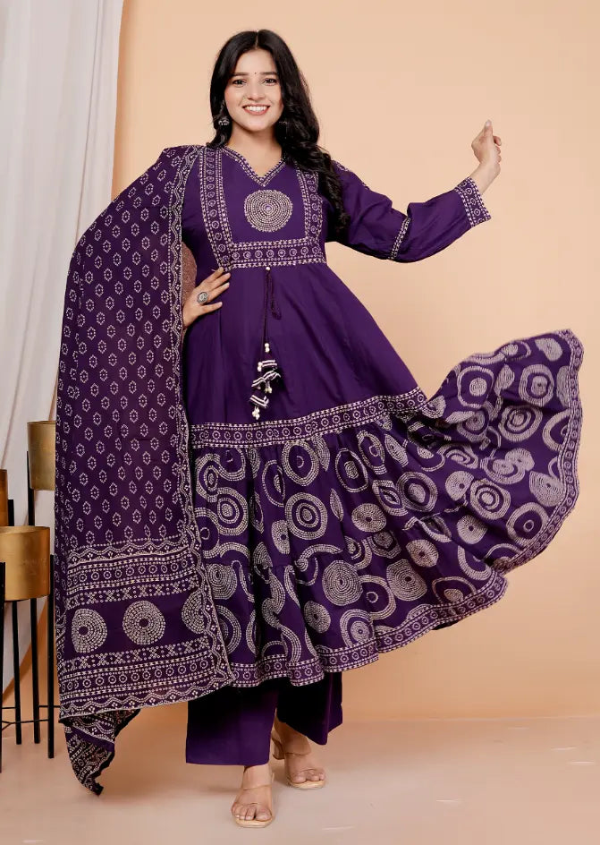 Dark Purple Pure Cotton Kurti Bottom and Dupatta Set
