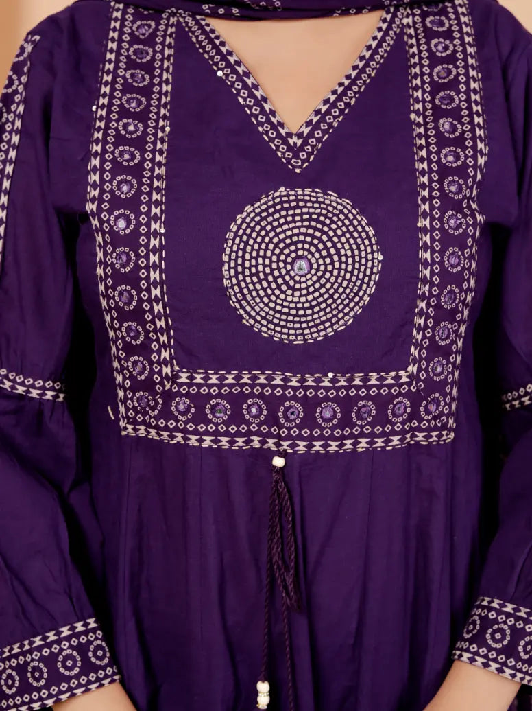 Dark Purple Pure Cotton Kurti Bottom and Dupatta Set