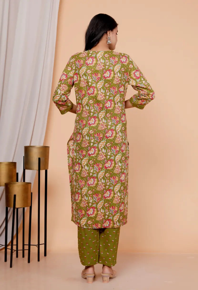 Mehndi Green Pure Cotton Kurti Bottom and Dupatta Set