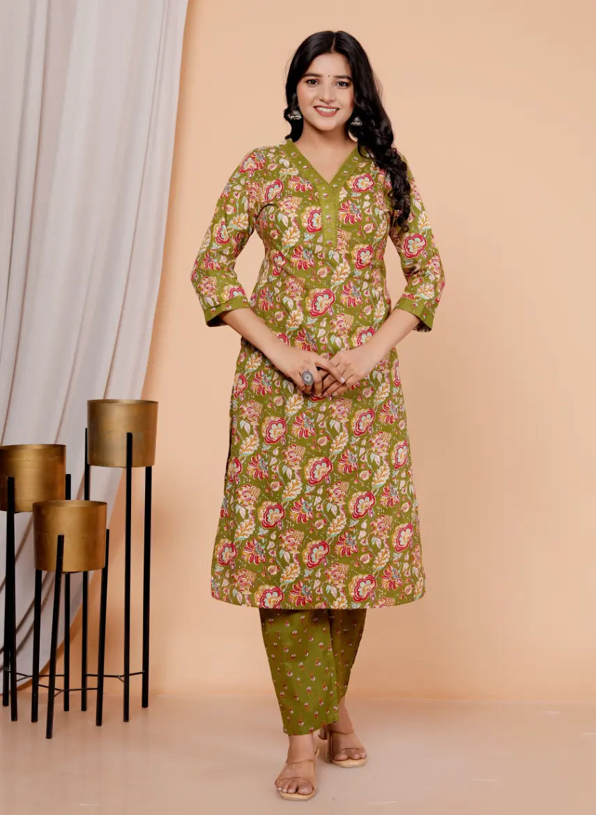 Mehndi Green Pure Cotton Kurti Bottom and Dupatta Set
