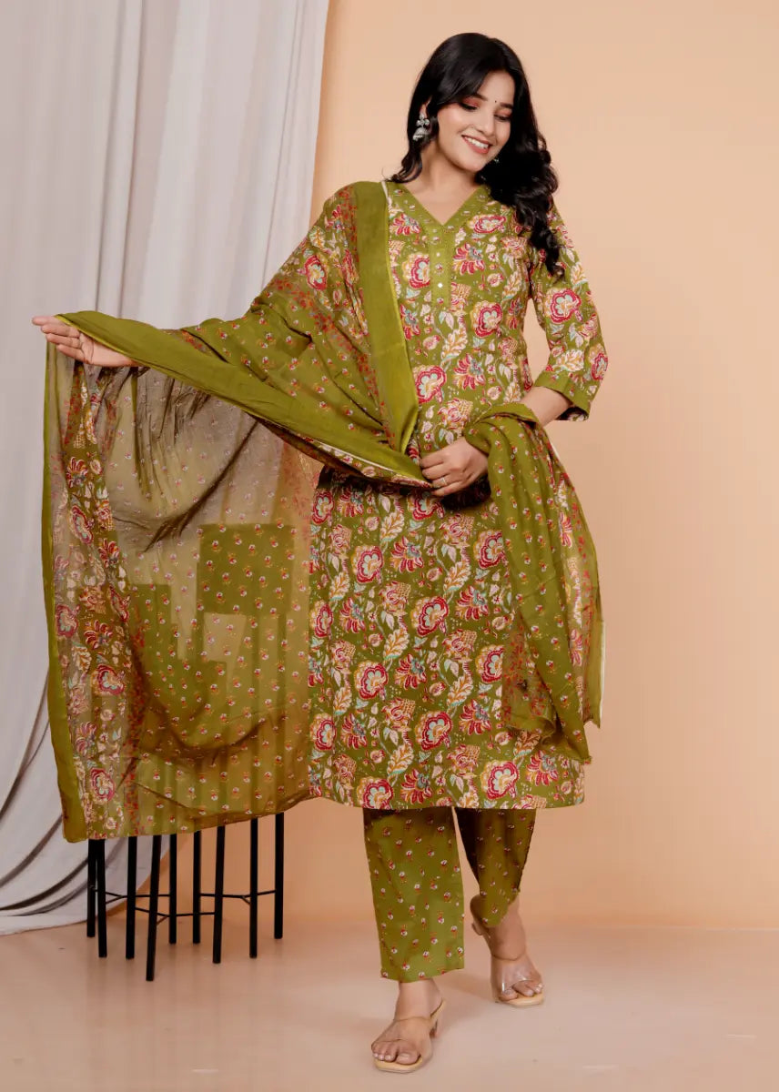 Mehndi Green Pure Cotton Kurti Bottom and Dupatta Set