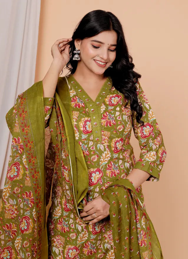 Mehndi Green Pure Cotton Kurti Bottom and Dupatta Set
