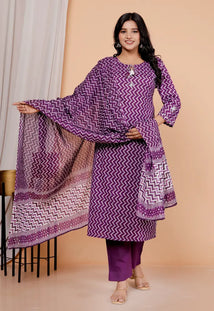 Purple Pure Cotton Kurti Bottom and Dupatta Set