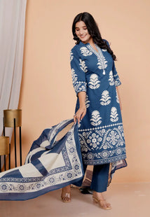 Blue Pure Cotton Kurti Bottom and Dupatta Set