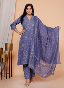 Purple Pure Cotton Kurti Bottom and Dupatta Set