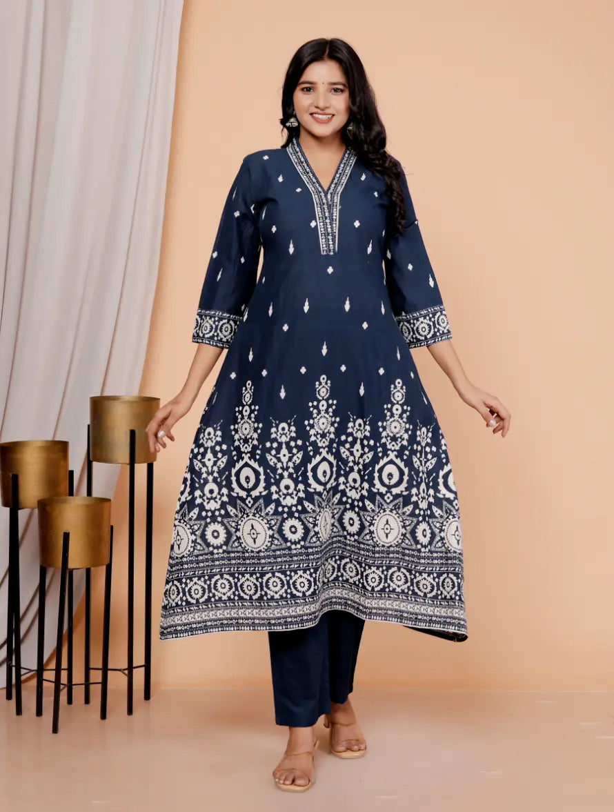Dark Blue Pure Cotton Kurti Bottom and Dupatta Set