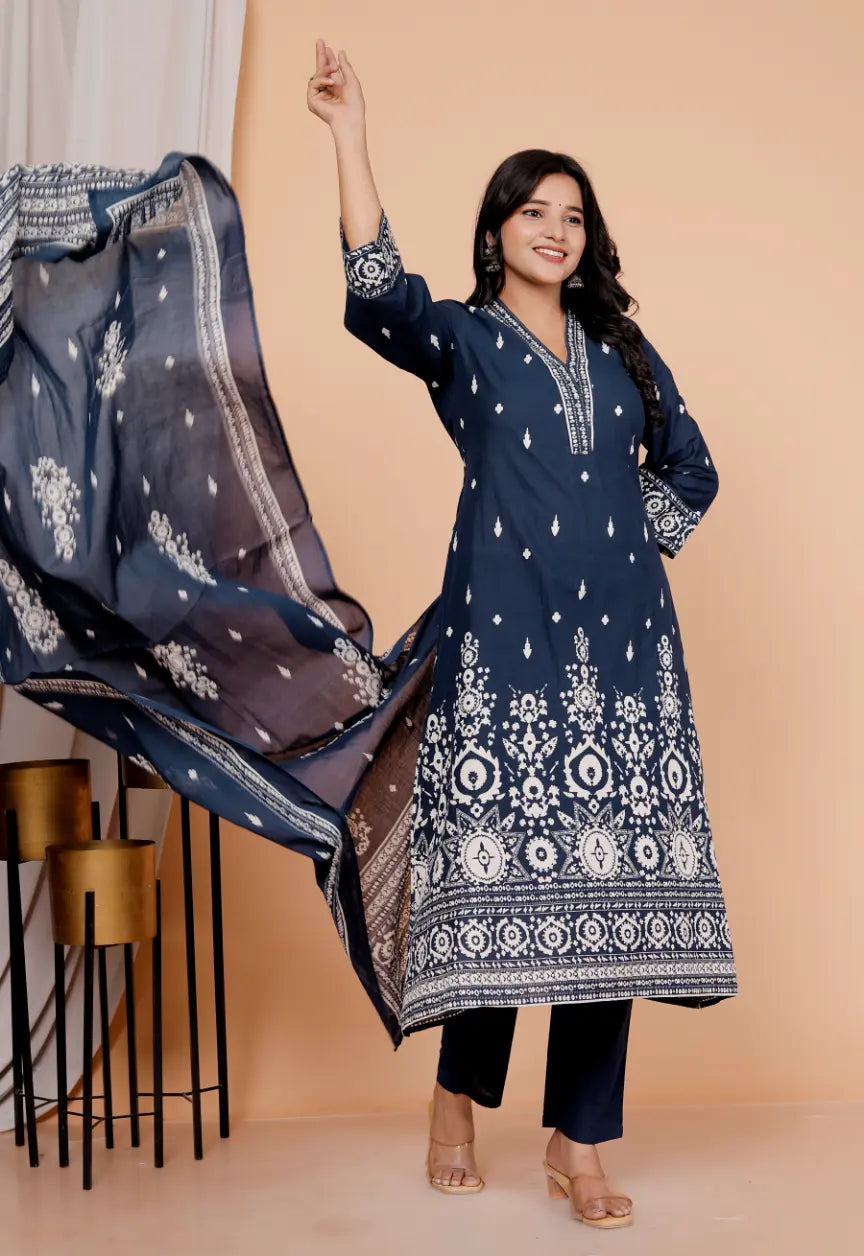 Dark Blue Pure Cotton Kurti Bottom and Dupatta Set