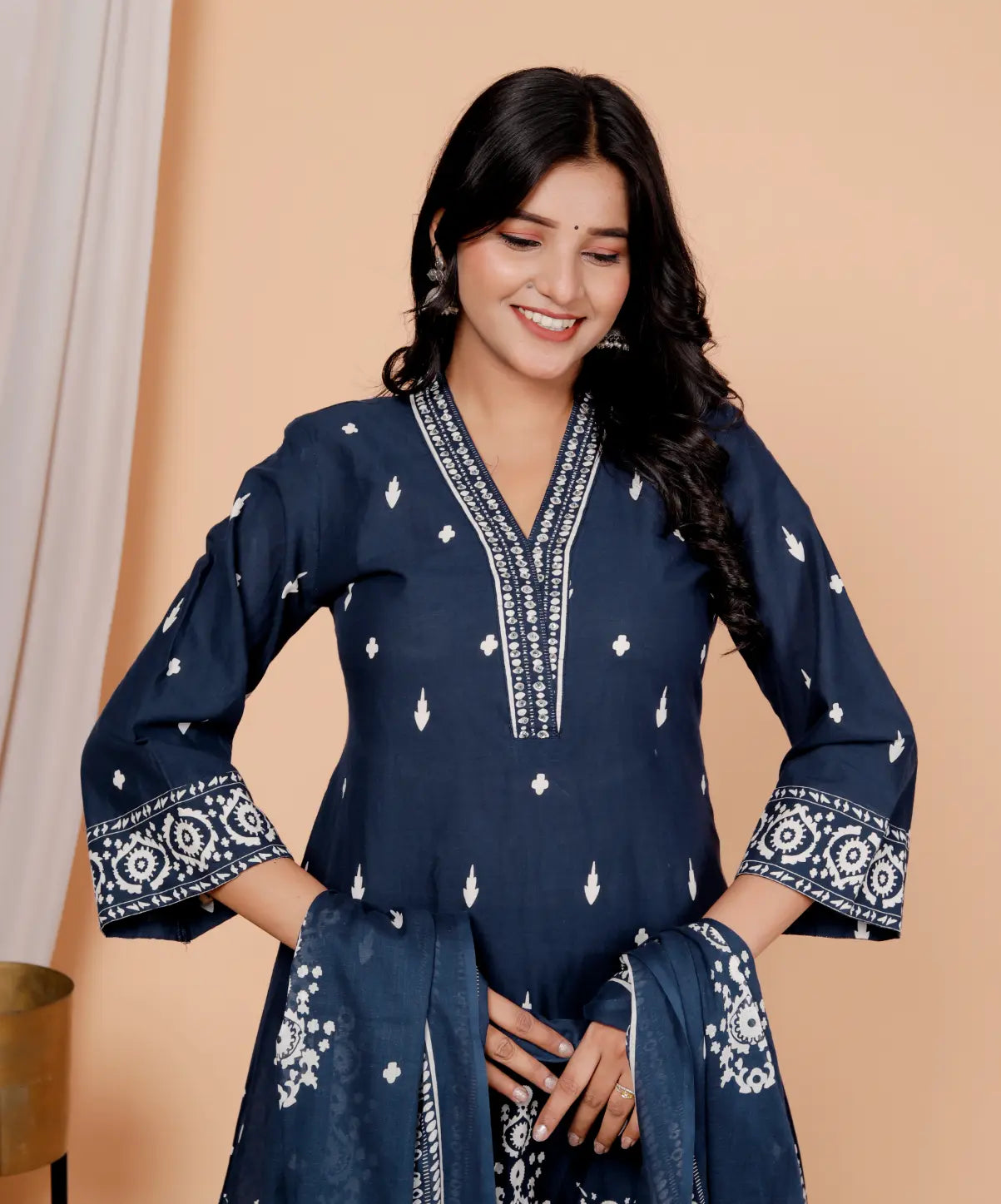 Dark Blue Pure Cotton Kurti Bottom and Dupatta Set