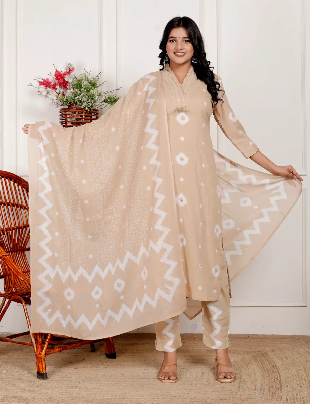 Beige Pure Cotton Kurti Bottom and Dupatta Set