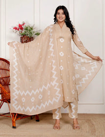 Beige Pure Cotton Kurti Bottom and Dupatta Set