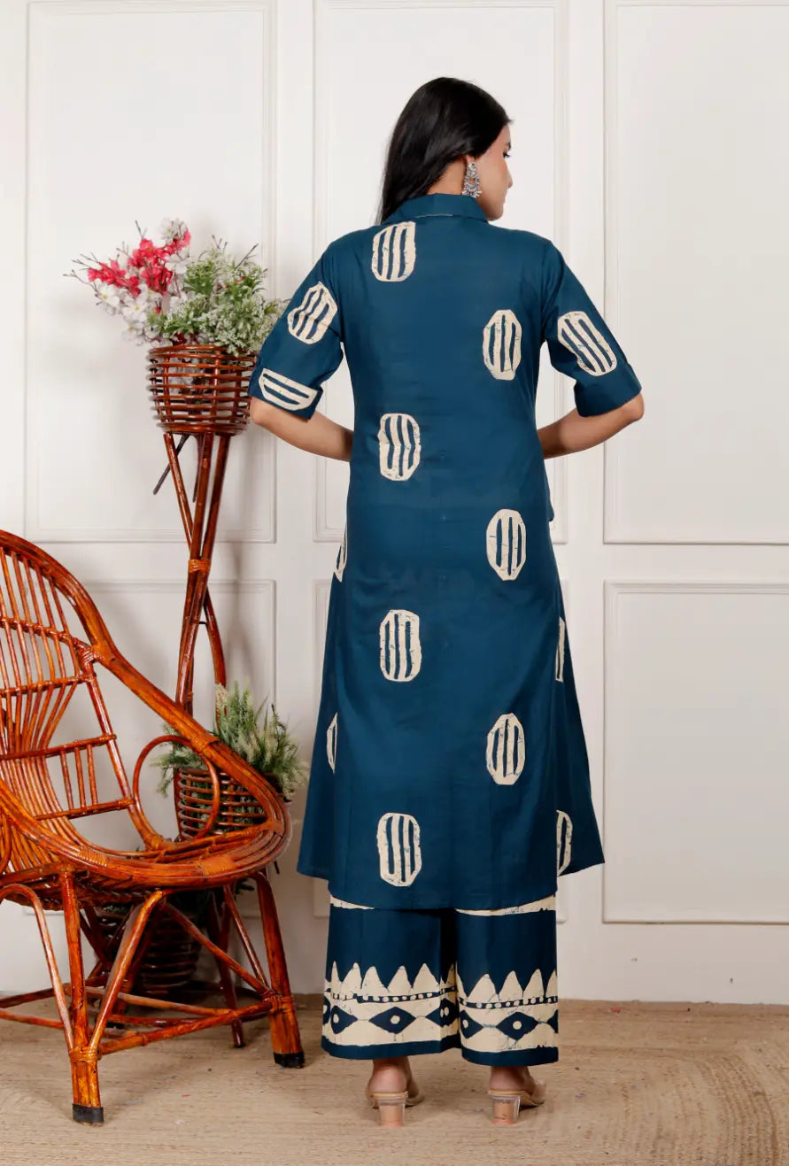 Navy Blue Cotton Kurti and Bottom Cord Set