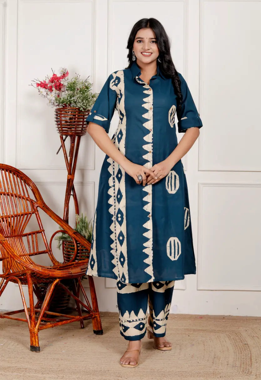 Navy Blue Cotton Kurti and Bottom Cord Set