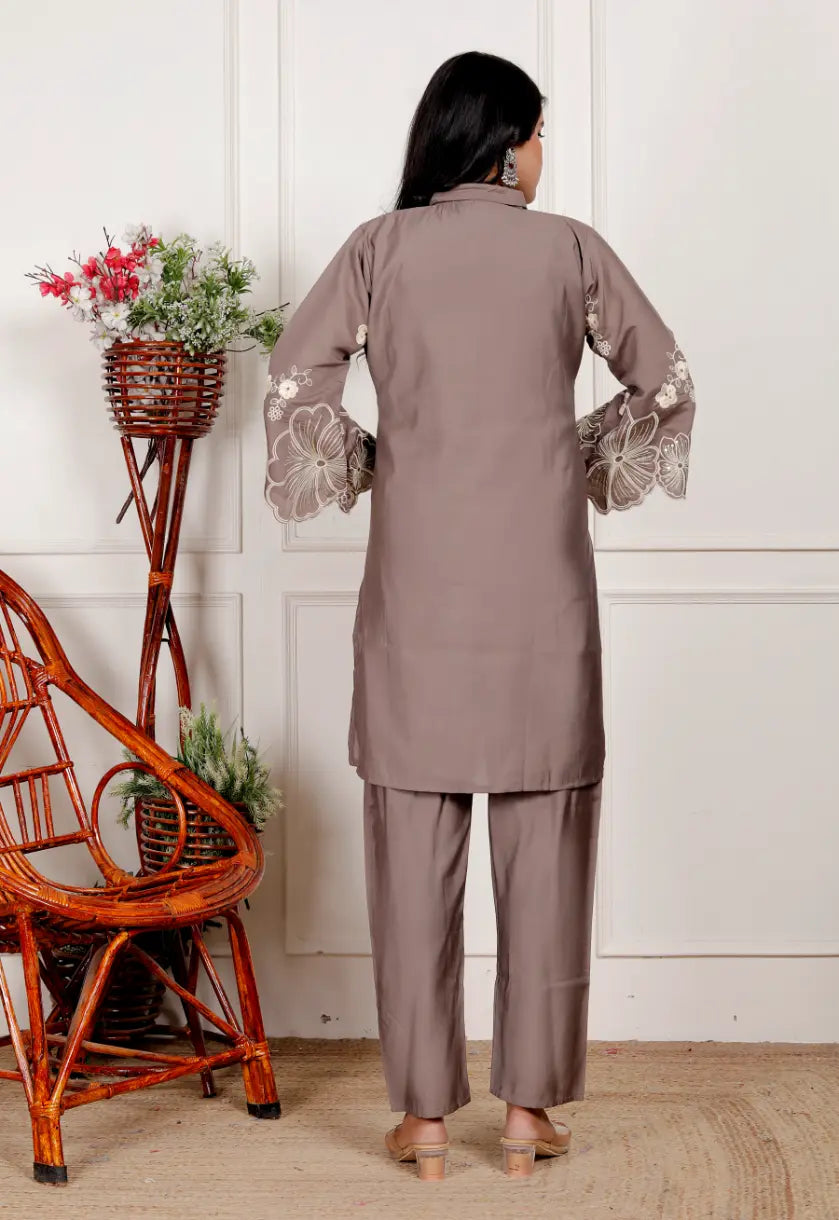 Dark Lavendar Silk Kurti and Bottom Cord Set