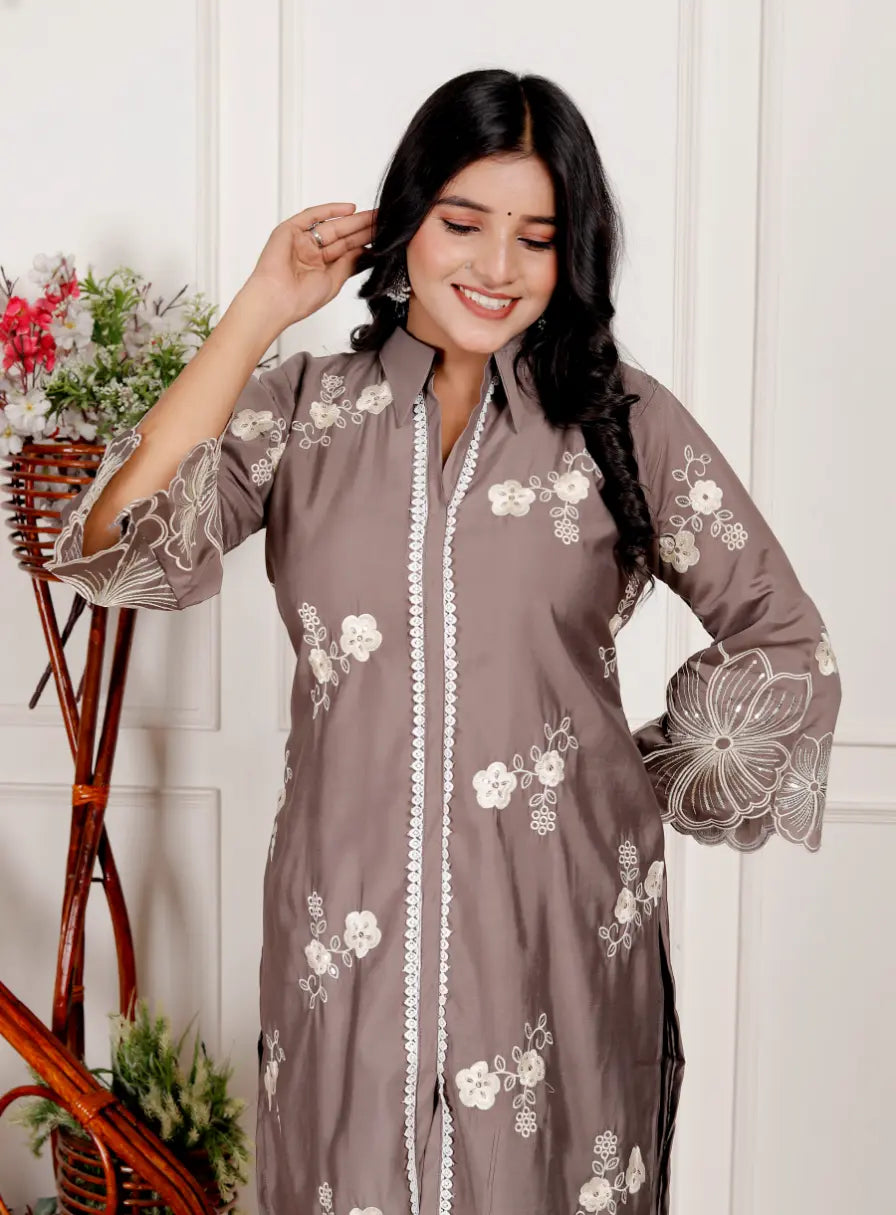 Dark Lavendar Silk Kurti and Bottom Cord Set