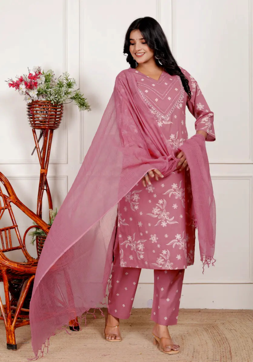 Onion Pure Cotton Kurti Bottom and Dupatta Set
