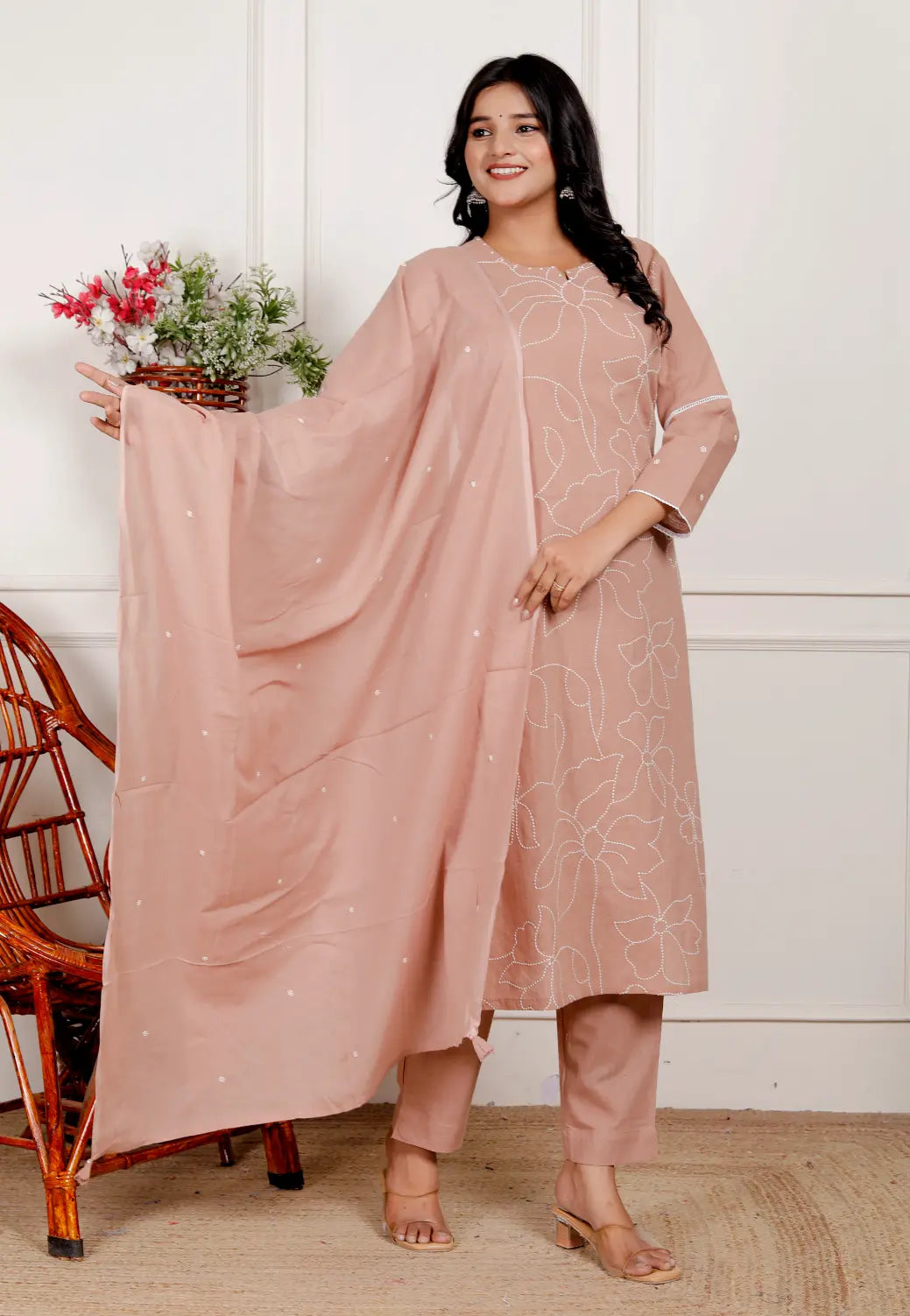 Beige Pure Cotton Kurti Bottom and Dupatta Set