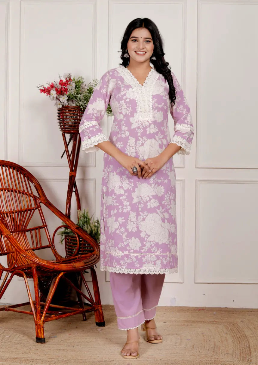 Printed Floral Lavendar Pure Cotton Kurti and Bottom Set