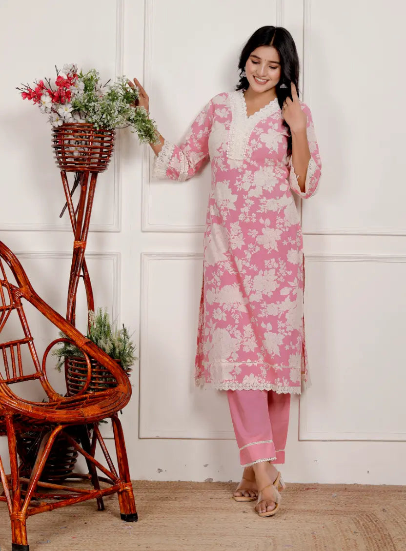 Printed Floral Pink Pure Cotton Kurti and Bottom Set