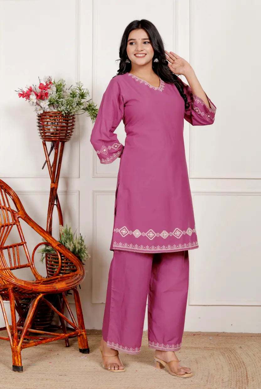 Wine Pure Cotton Kurti and Bottom Set