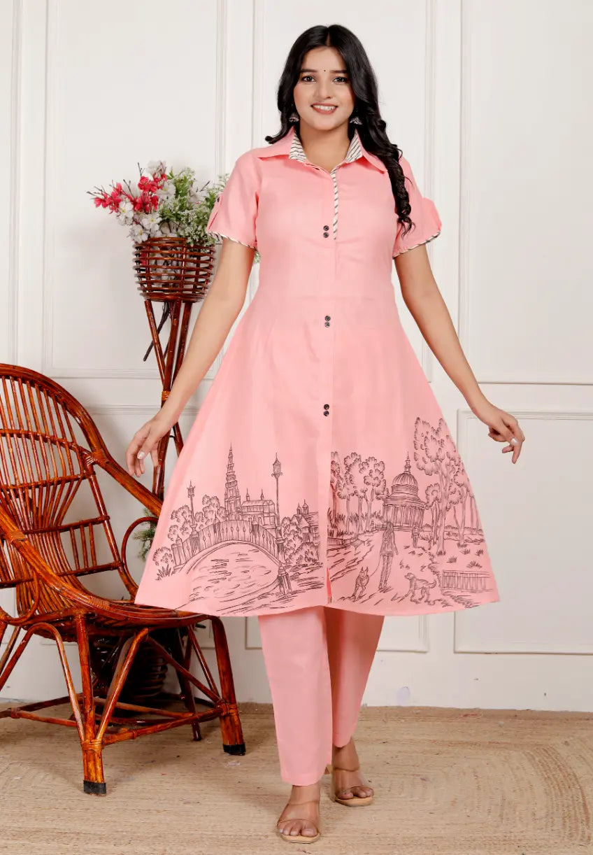 Baby Pink Pure Cotton Kurti and Bottom Set