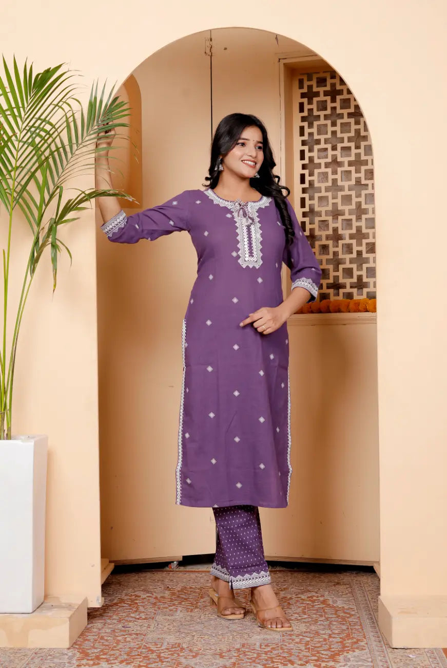 Dark Mauve Pure Cotton Kurti Bottom and Dupatta Set