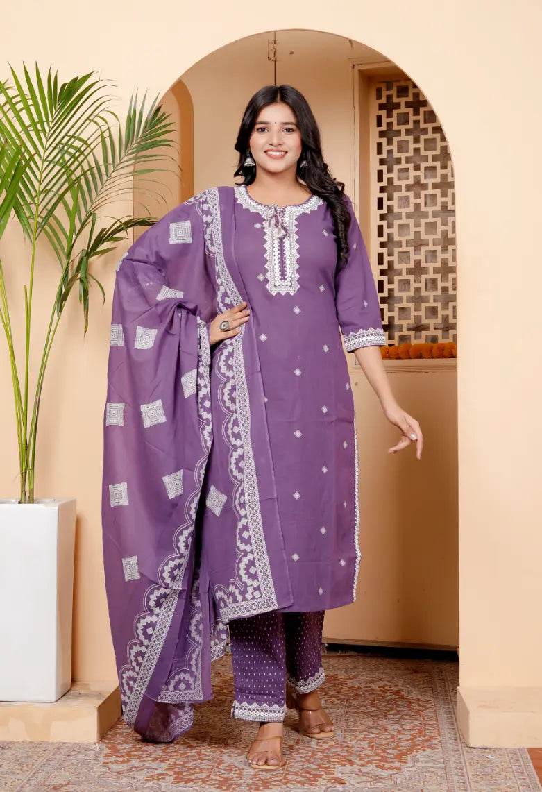 Dark Mauve Pure Cotton Kurti Bottom and Dupatta Set