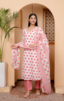 White and Pink Kurti Bottom and Dupatta Set