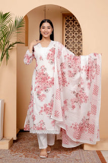 White and Pink Kurti Bottom and Dupatta Set